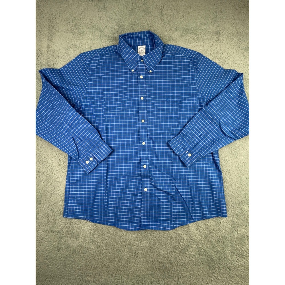 Brooks Brothers Regent Fit Shirt Mens XL Blue Windowpane Non-Iron Stretch Cotton